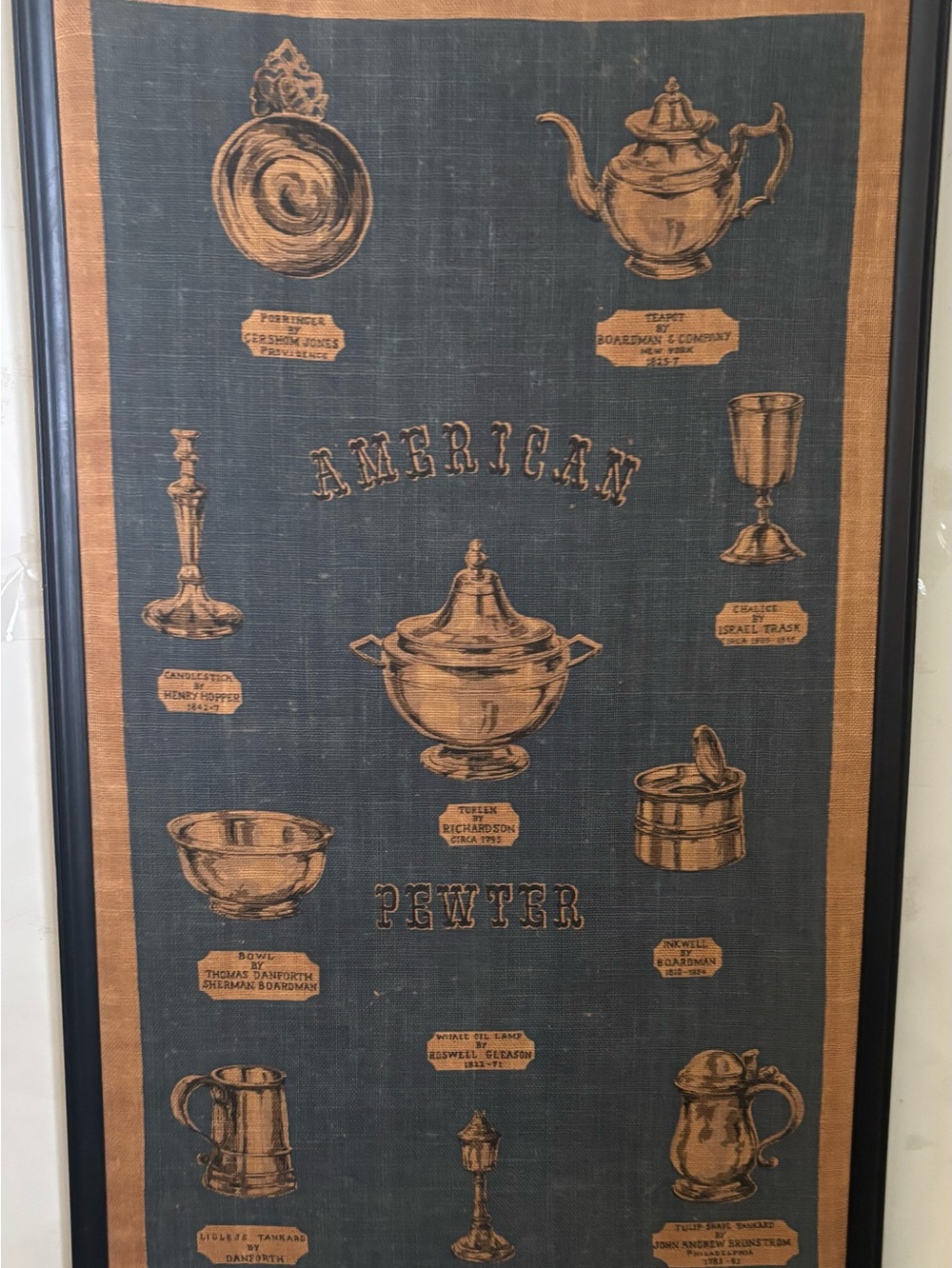 Framed 'American Pewter' Decorative Textile Art in Navy and Tan